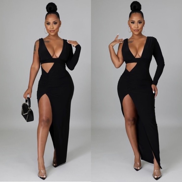 NEW TRENDY BLACK ONE SHOULDER FITTED MAXI DRESS - Picture 1 of 9